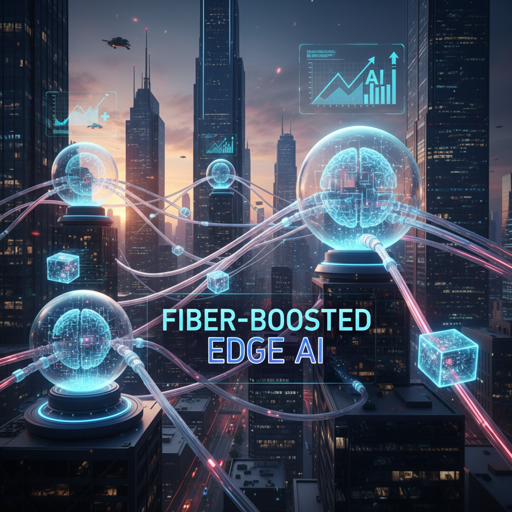 Fiber networks enhancing edge AI performance with fiber optic cables and AI graphics.